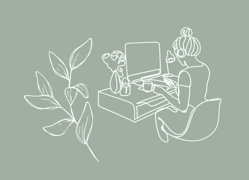 illustration femme devant ordinateur, image fleurie